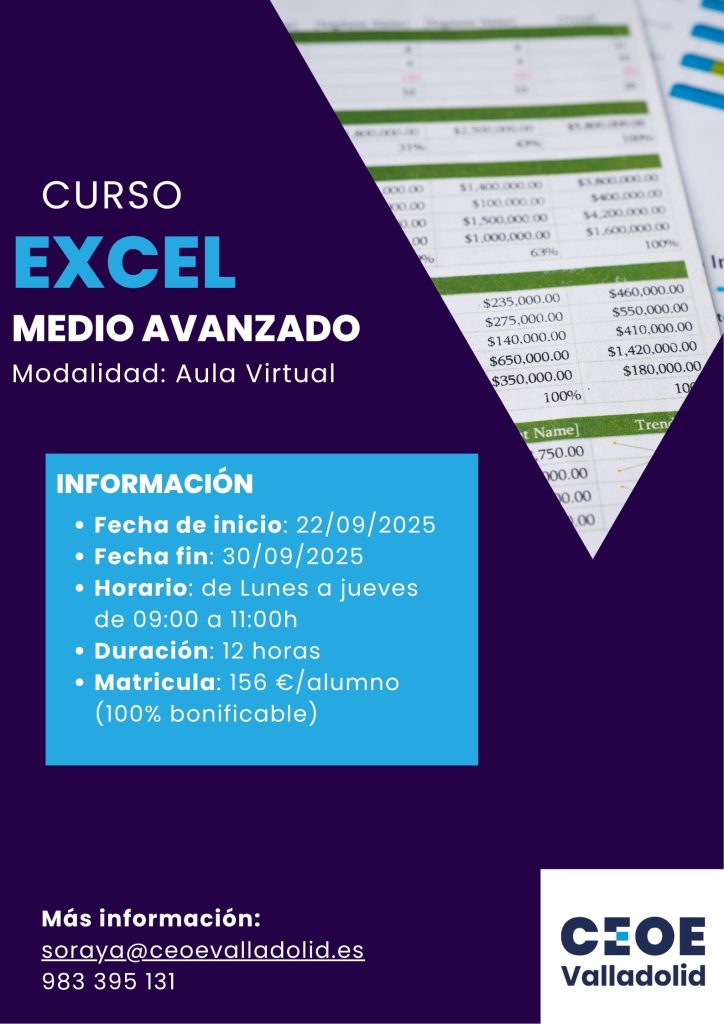 Cartel Curso Excel Medio Avanzado CEOE Valladolid