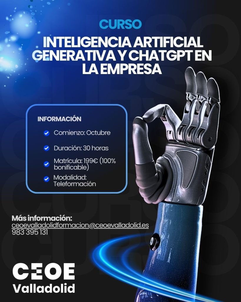 Cartel Inteligencia artificial generativa y Chatgpt en la empresa Cursos CEOE Valladolid (1)