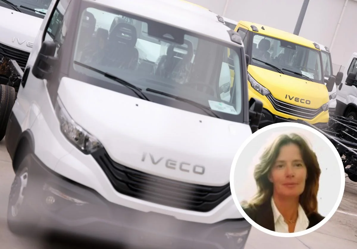 Furgonetas Daily en el exterior de la factoría de Valladolid y, en detalle, la nueva directora. Alberto Mingueza / Linkedin
