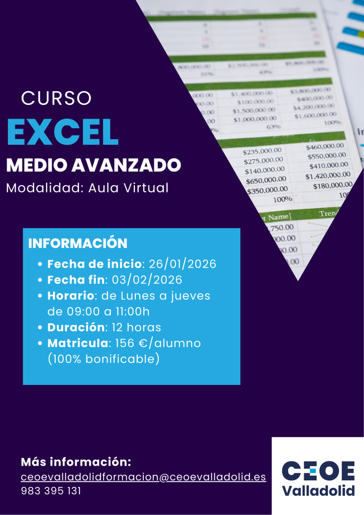 Cartel Curso Excel Medio Avanzado CEOE Valladolid
